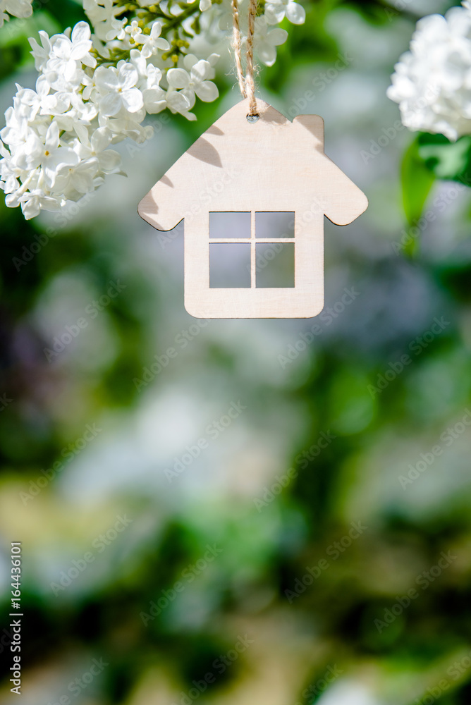 The symbol of the house among the branches of the white lilac The symbol of the house among the branches of the white lilac
