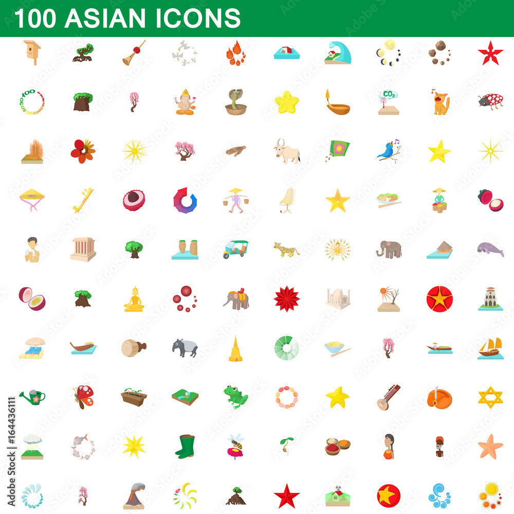 100 asian icons set, cartoon style 100 asian icons set, cartoon style
