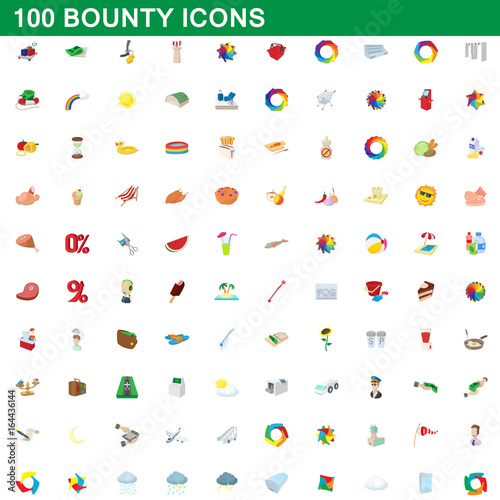 100 bounty icons set, cartoon style