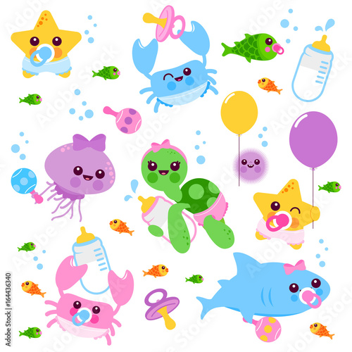 Cute baby sea animals with diapers, pacifiers and holding balloons, toys and milk bottles. Vector illustration