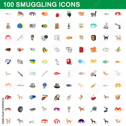 100 smuggling icons set, cartoon style