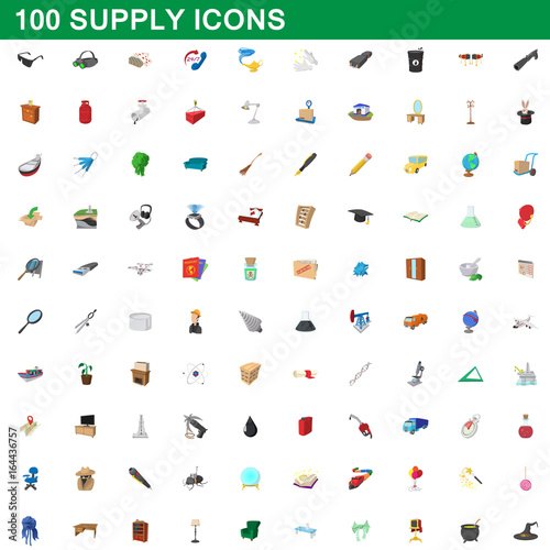100 supply icons set, cartoon style