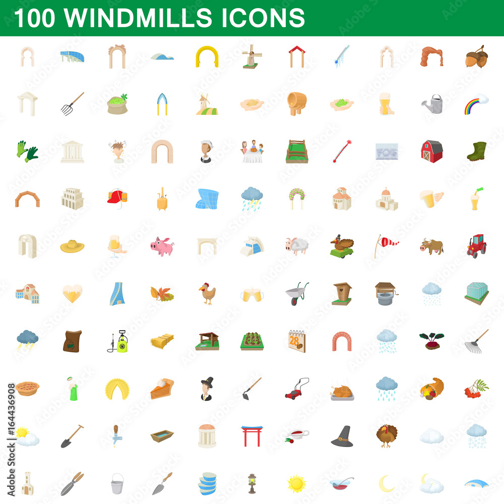 Fototapeta premium 100 windmills icons set, cartoon style