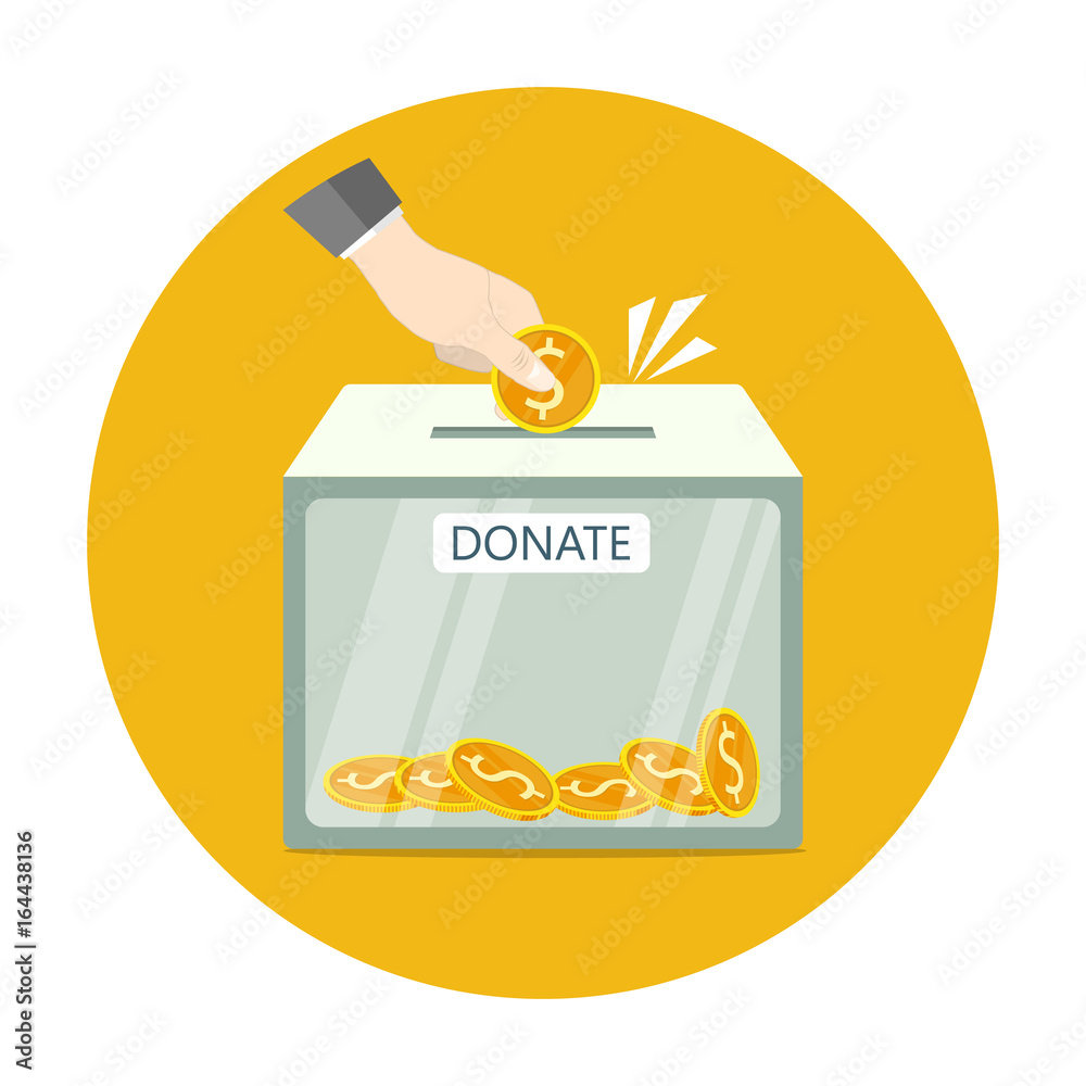 hand hold dollar coin insert into donate box,donation box gold coin