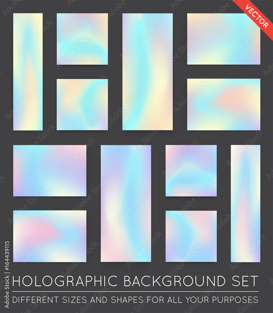 Set of realistic holographic backgrounds in different colors for design. Hologram to create trendy modern design. Backgrounds for design cards, filling silhouettes, pattern design to printing.