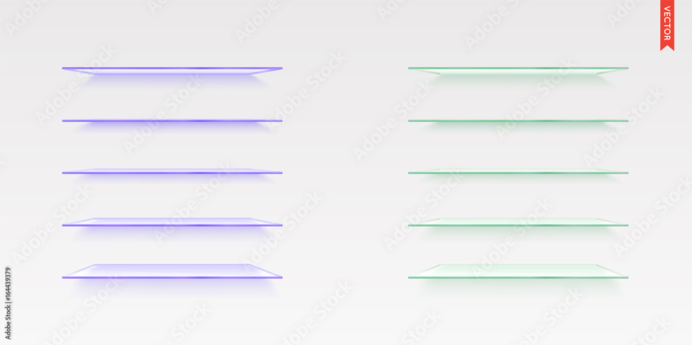 Set of Glass Shelves Vector Isolated on the Wall Background Set of Glass Shelves Vector Isolated on the Wall Background