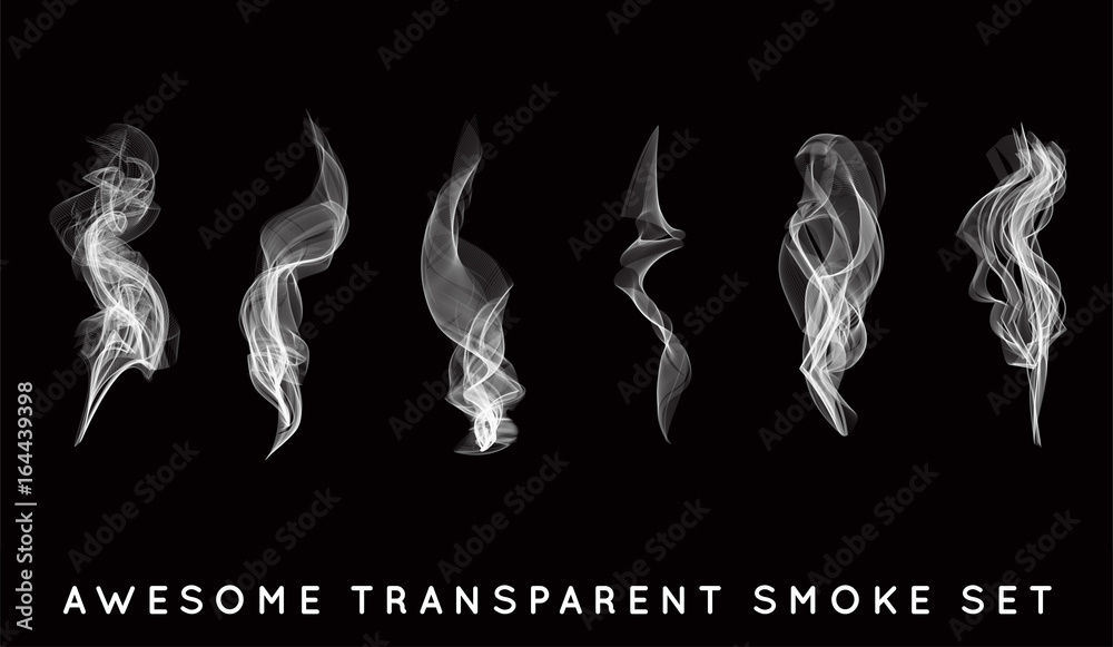 Set of digital realistic smoke vector illustration, curly smoke flow collection, curved transparent smoke flow image, grey smoke flow, vertical smoke flow, 3D smoke flow picture.