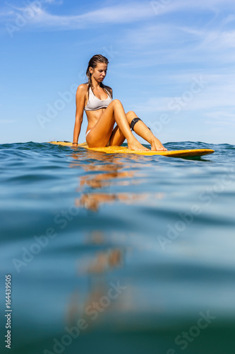 Beautiful fit surfing girl in sexy bikini doing yoga on big longboard surf  surfboard board on sunrise or sunset in the ocean and try to find balance.  Modern active sport lifestyle and