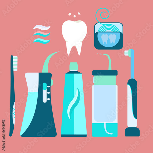 Flat vector blue brush teeth equipment including electric toothbrush, toothpaste, handle irrigator, floss