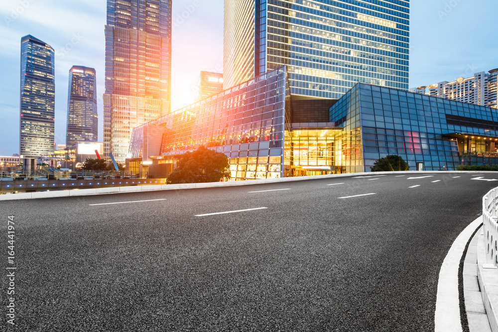 Asphalt road in Lujiazui commercial and financial center,Shanghai,China