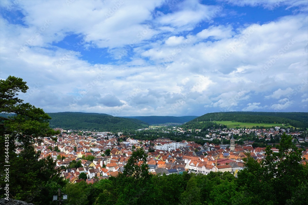 Blick auf die Stadt Tuttlingen in Süddeutschland von der Ruine Honberg