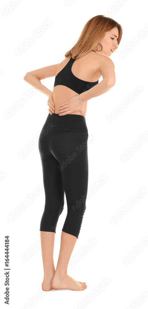 Young woman suffering from pain on white background. Concept of orthopedist Young woman suffering from pain on white background. Concept of orthopedist