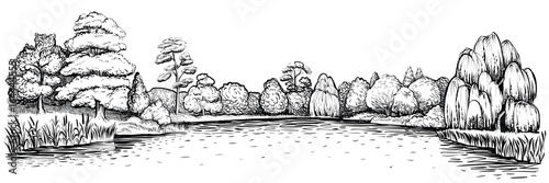 Panoramic landscape with forest and lake, vector hand drawn illustration.