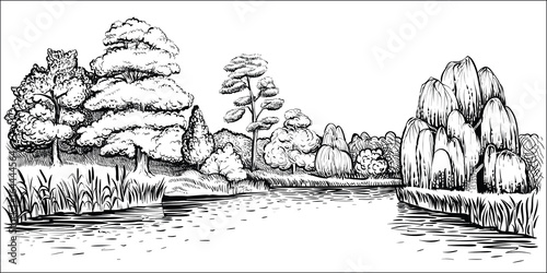 Panoramic landscape with trees and river, vector hand drawn illustration.
