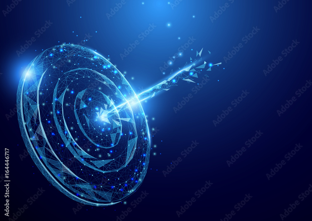 Wireframe Darts board goal target sign mesh from a starry on blue background. Success concept