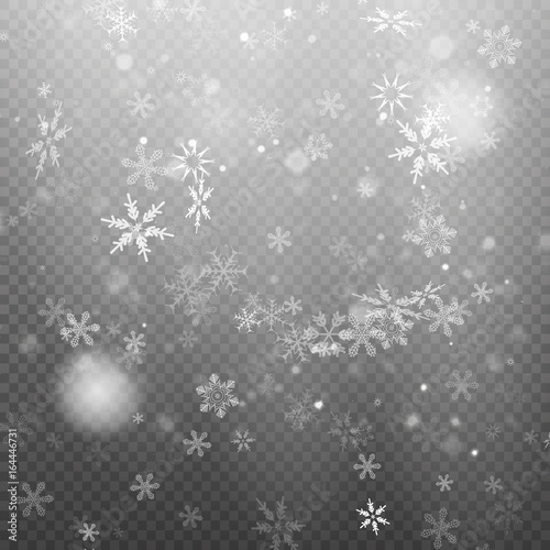 Realistic falling snowflakes Isolated on transparent background.