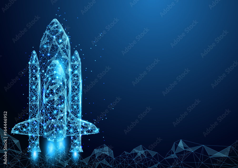 Wireframe space rocket launch sign mesh from a starry and start up concept background