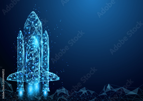 Wireframe space rocket launch sign mesh from a starry and start up concept background
