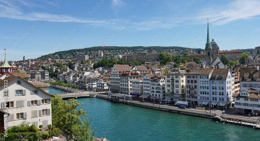 ZURICH, SWITZERLAND : View of historic Zurich city center, Limmat river and Zurich lake, Switzerland. Zurich is a leading global city and among the world's largest financial center.