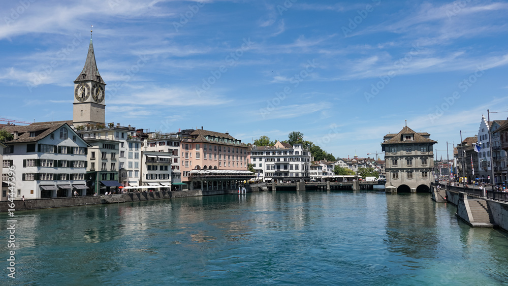 ZURICH, SWITZERLAND : View of historic Zurich city center, Limmat river and Zurich lake, Switzerland. Zurich is a leading global city and among the world's largest financial center.