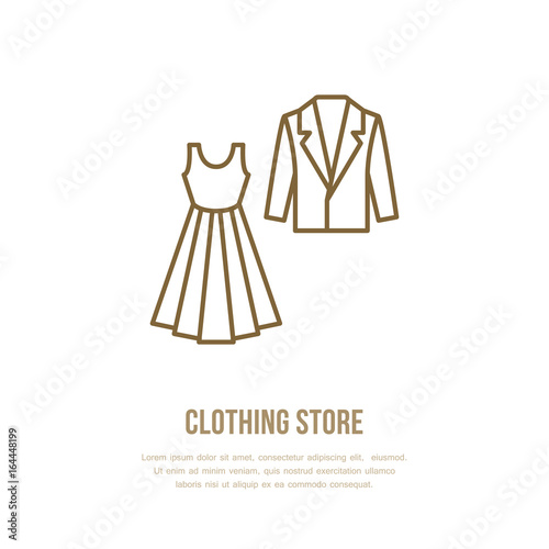 Wedding cocktail dress, men suit icon, clothing shop line logo. Flat sign for apparel collection. Logotype for laundry, dry cleaning.