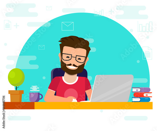 Man working on computer. Work desk, flat cartoon person character, idea of freelancer workplace, online internet conversation image. Vektor EPS10