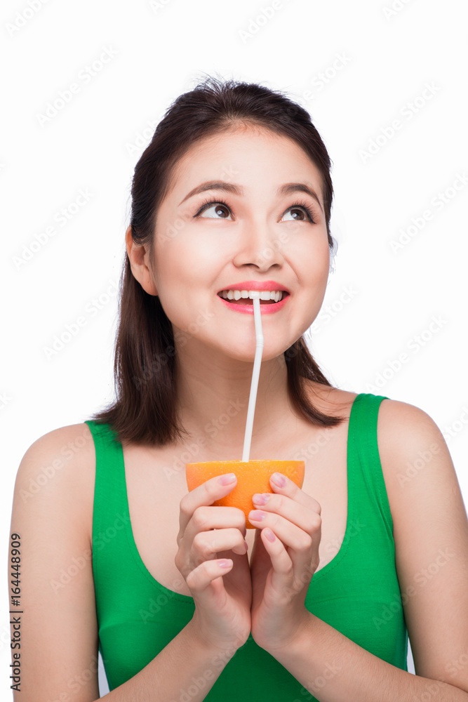 Beautiful asian girl with juice, isolated on white Beautiful asian girl with juice, isolated on white