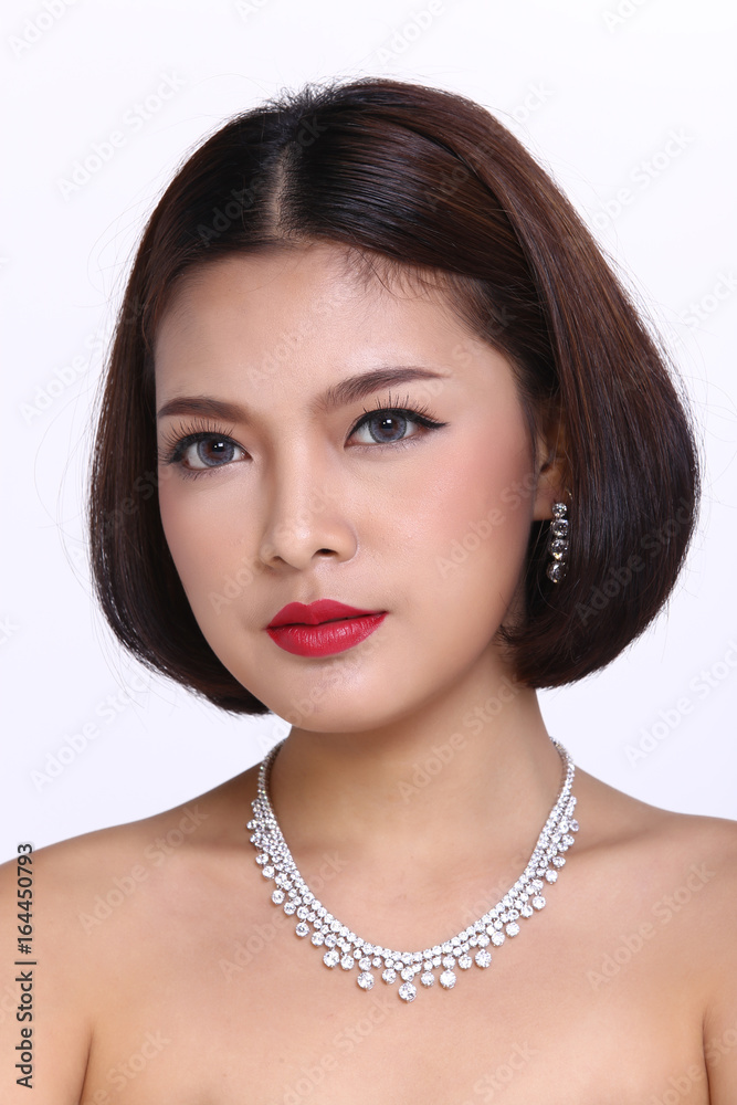 Beautiful Asia Girl with Red Lip and Diamond necklace