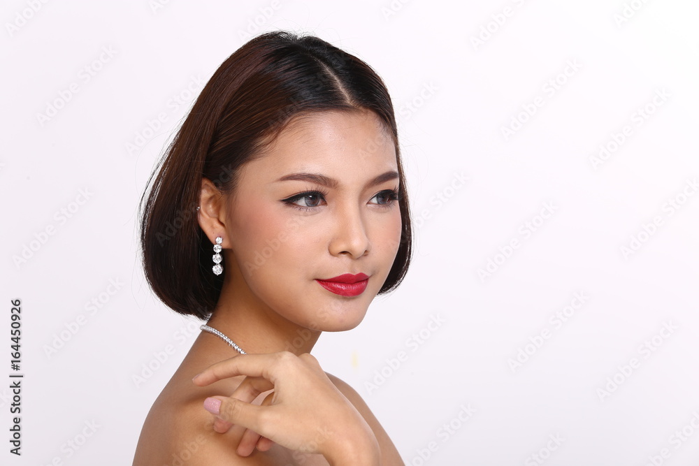 Beautiful Asia Girl with Red Lip and Diamond necklace, copy space for text Beautiful Asia Girl with Red Lip and Diamond necklace, copy space for text