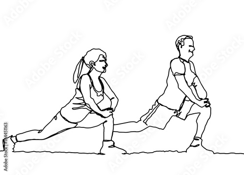 continuous line drawing of happy man and woman stretching