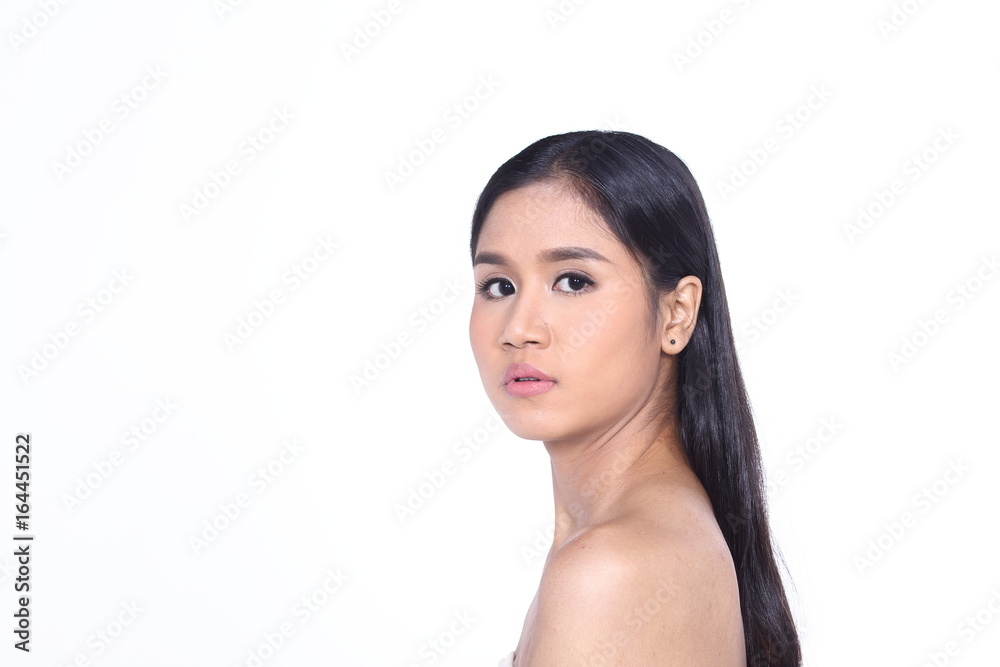 Beautiful Asia Thai woman with black hair, open shoulder and smile, face close up portrait studio on white, copy space for text Beautiful Asia Thai woman with black hair, open shoulder and smile, face close up portrait studio on white, copy space for text