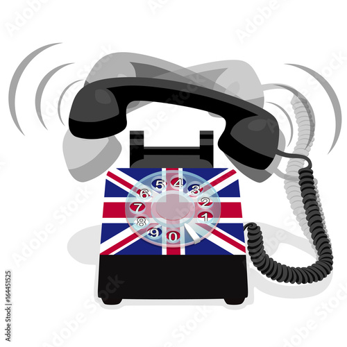 Ringing black stationary phone with flag of United Kingdom. Vector illustration.