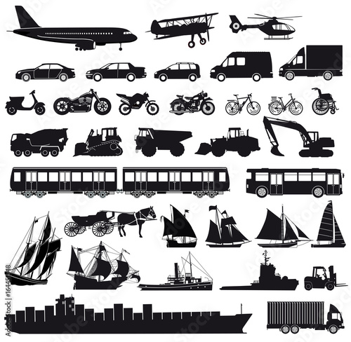 Satz von Autos, LKW, Bus, Schiffe, Fahrräder, Roller, Motorrad, 