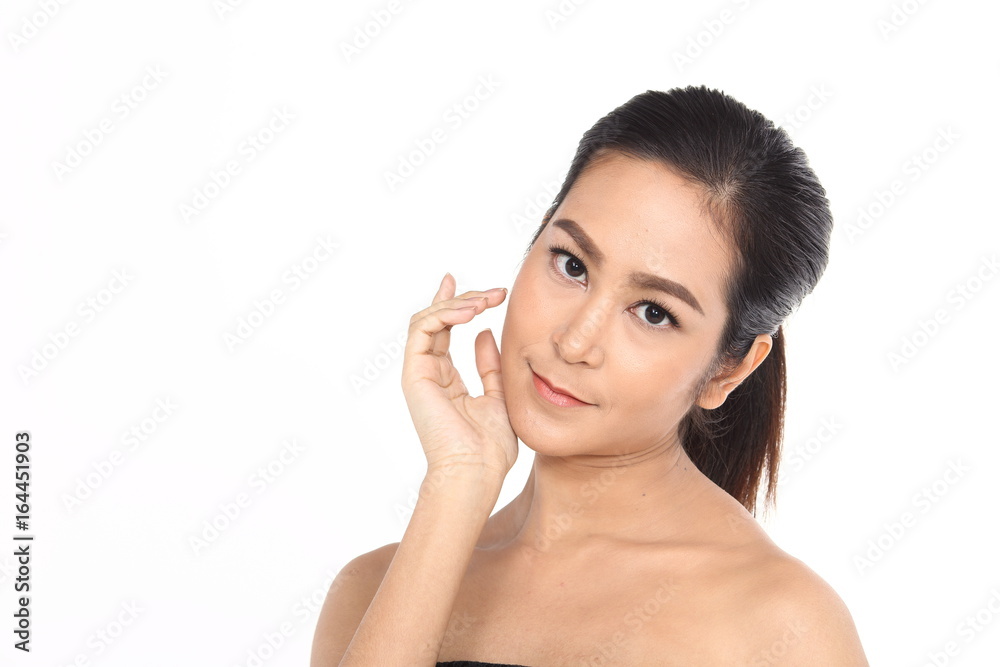 Beautiful Asia Thai woman with black hair, open shoulder and smile, face close up portrait studio on white, copy space for text