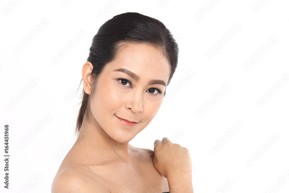 Beautiful Asia Thai woman with black hair, open shoulder and smile, face close up portrait studio on white, copy space for text Beautiful Asia Thai woman with black hair, open shoulder and smile, face close up portrait studio on white, copy space for text