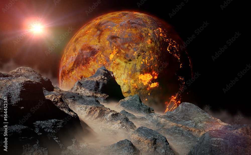 Naklejka premium alien lava planet rising over the horizon of its moon