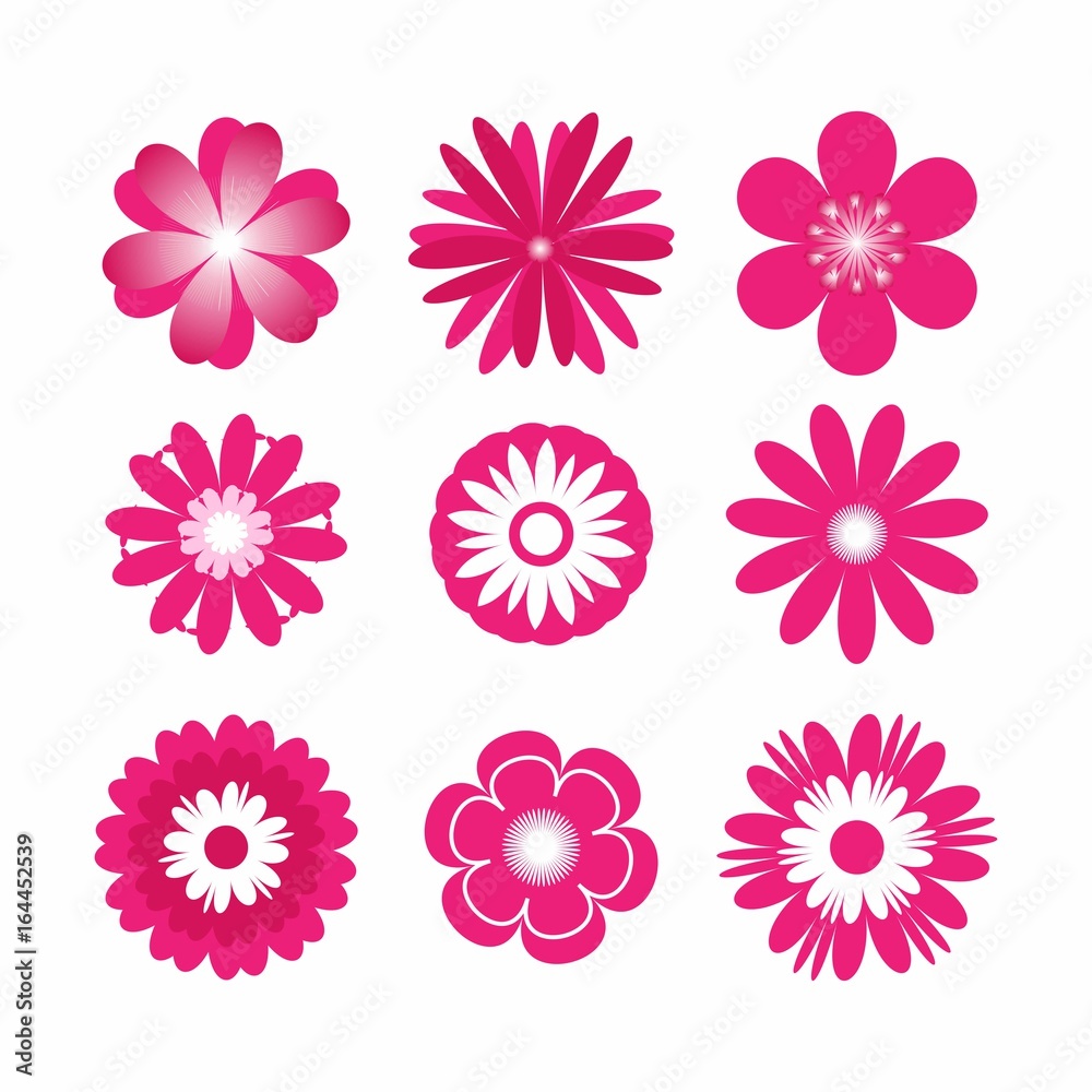 Set of pink flat icon flower isolated on white background