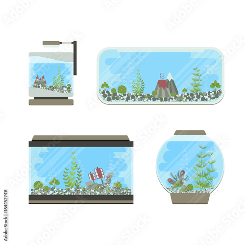 Cartoon vector home aquarium illustration with water, plant.