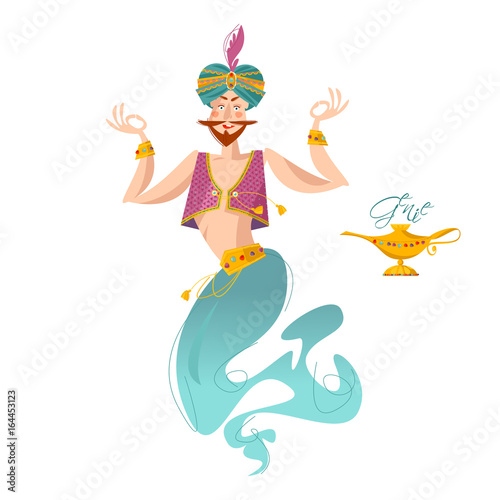 Happy genie with magic lamp.