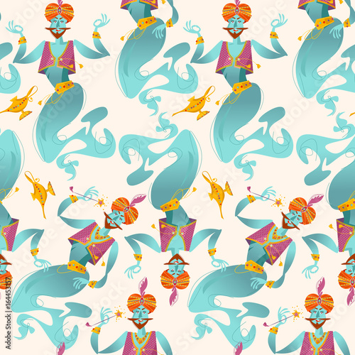 Happy genies with magic wands and magic lamps. Seamless background pattern.