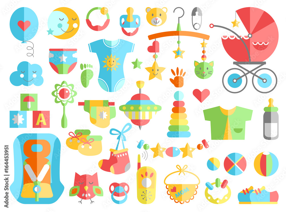 Newborn infant themed cute flat set. Baby care, feeding, clothin Newborn infant themed cute flat set. Baby care, feeding, clothin