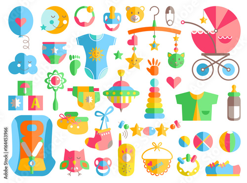 Newborn infant themed cute flat set. Baby care, feeding, clothin