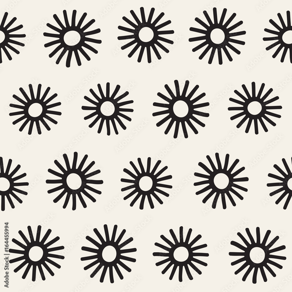 Vector seamless sunburst shapes freehand pattern. Abstract background with round brush strokes. Hand drawn texture