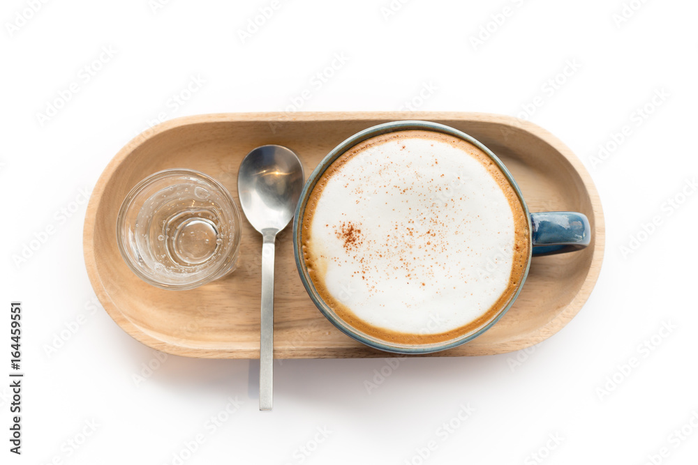 Top view of latte coffee cup with glass of syrup on white background Top view of latte coffee cup with glass of syrup on white background