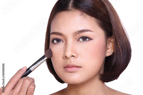 Cosmetic, Applying Make up, Beauty Process, white studio background, Perfect Healthy Skin, powder brush cake