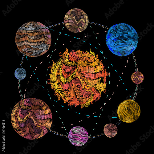 Embroidery  planets of solar system. Fashionable art embroidery solar system and planets in space fashionable clothes, t-shirt design, print