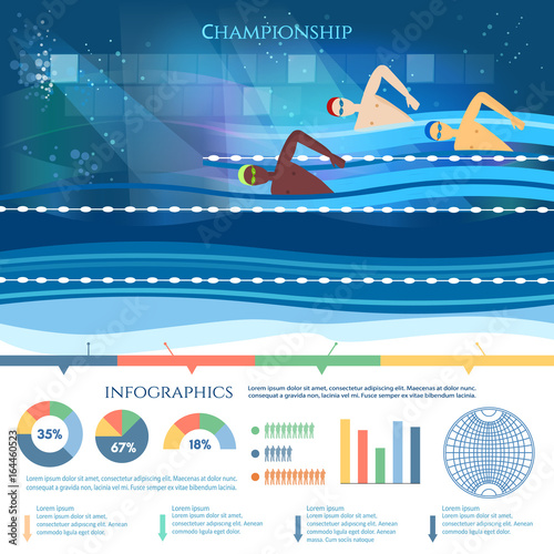 Swimming competition infographic professional water sports. Swimmers different countries at international swimming competitions infographic sport vector template
