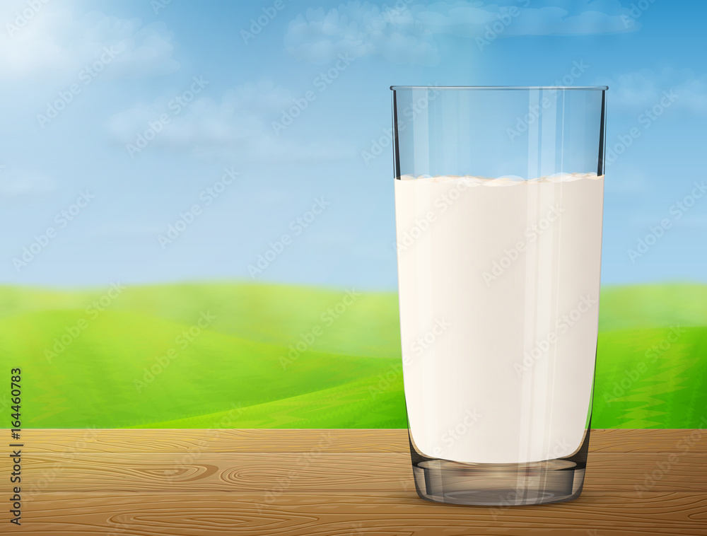 Glass of milk on wooden table on background of blurred landscape. Cow milk in glass cup with meadow and sky. Vector illustration for milk, food service, dairy, beverages, gastronomy, health food, etc Glass of milk on wooden table on background of blurred landscape. Cow milk in glass cup with meadow and sky. Vector illustration for milk, food service, dairy, beverages, gastronomy, health food, etc
