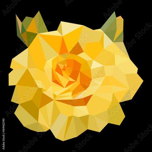 Low poly yellow rose . Black background.   Vector design.  Geometric triangular modern illustration..