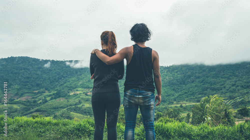 Lover Men and women Asia travel relax. Morning atmosphere nature Forests, mountains. khaoko Thailand